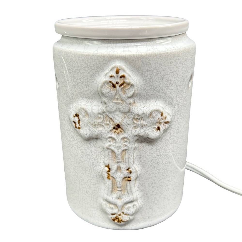 Scentsy White Crackle Glaze Cross Electric Wax Warmer 29922 Farmhouse Rustic